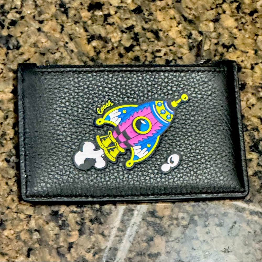 Cosmic Coach Zip Card Case With Rocket Print Black Leather Zip pocket New